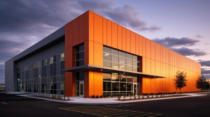 Fototapeta na wymiar Modern sleek warehouse office building facility exterior architecture orange 