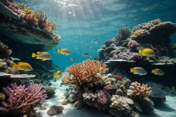 Fototapeta na wymiar Beautiful underwater world with colorful fish, algae, coral reefs. Ecosystem, ocean, nature, flora and fauna concepts