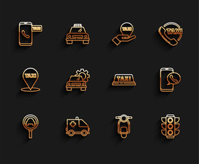 Set line Magnifying glass and taxi car, Ambulance emergency, Taxi call telephone service, Scooter, Traffic light, Car, and roof icon. Vector