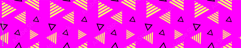 Poster triangles and pyramids on purple surface seamless pattern. yellow with black geometric shapes for te
