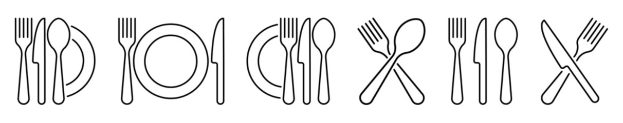 Tableware thin line icon set of fork, knife, spoon. Logotype menu. Cutlery and crockery sign.  Flat style eating utensils symbol collection. Vector illustration - obrazy, fototapety, plakaty
