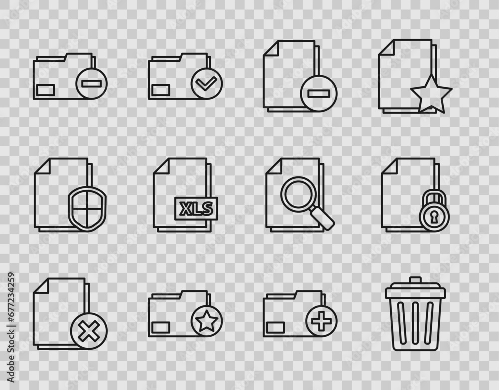 Poster set line delete file document, trash can, document with minus, folder star, xls, add new and and loc
