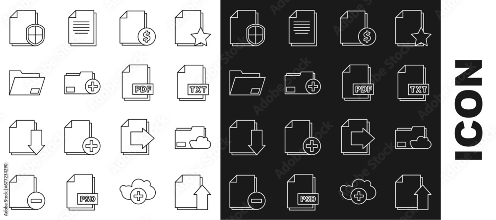 Poster set line upload file document, cloud storage text folder, txt, finance, add new, document, protectio