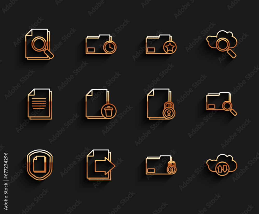 Poster set line document protection concept, next page arrow, with search, folder and lock, cloud download 