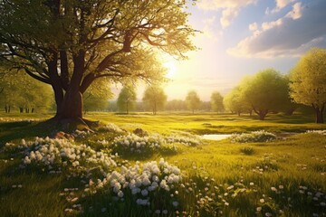 Naklejka premium Radiant Spring: Capturing the Beauty of a Blooming Meadow in the Idyllic Countryside