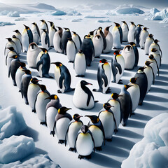 A photo-realistic image of various breeds of penguins arranged in a heart shape
