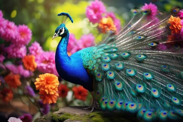 Obraz premium Radiant Spring Harmony: Majestic Peacock Perched Amid Blossoms on an Illuminated Branch
