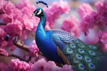 Fototapeta premium Radiant Spring Harmony: Majestic Peacock Perched Amid Blossoms on an Illuminated Branch