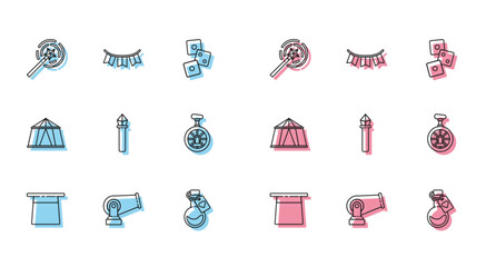 Set line Magician hat, Cannon, wand, Bottle with love potion, staff, Unicycle or one wheel bicycle, Circus tent and Carnival garland flags icon. Vector