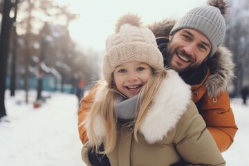 Happy family having fun while travel outdoor in winter enjoying time together comeliness