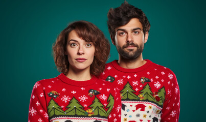 Studio portrait of a young trendy couple wearing festive christmas ugly jumpers