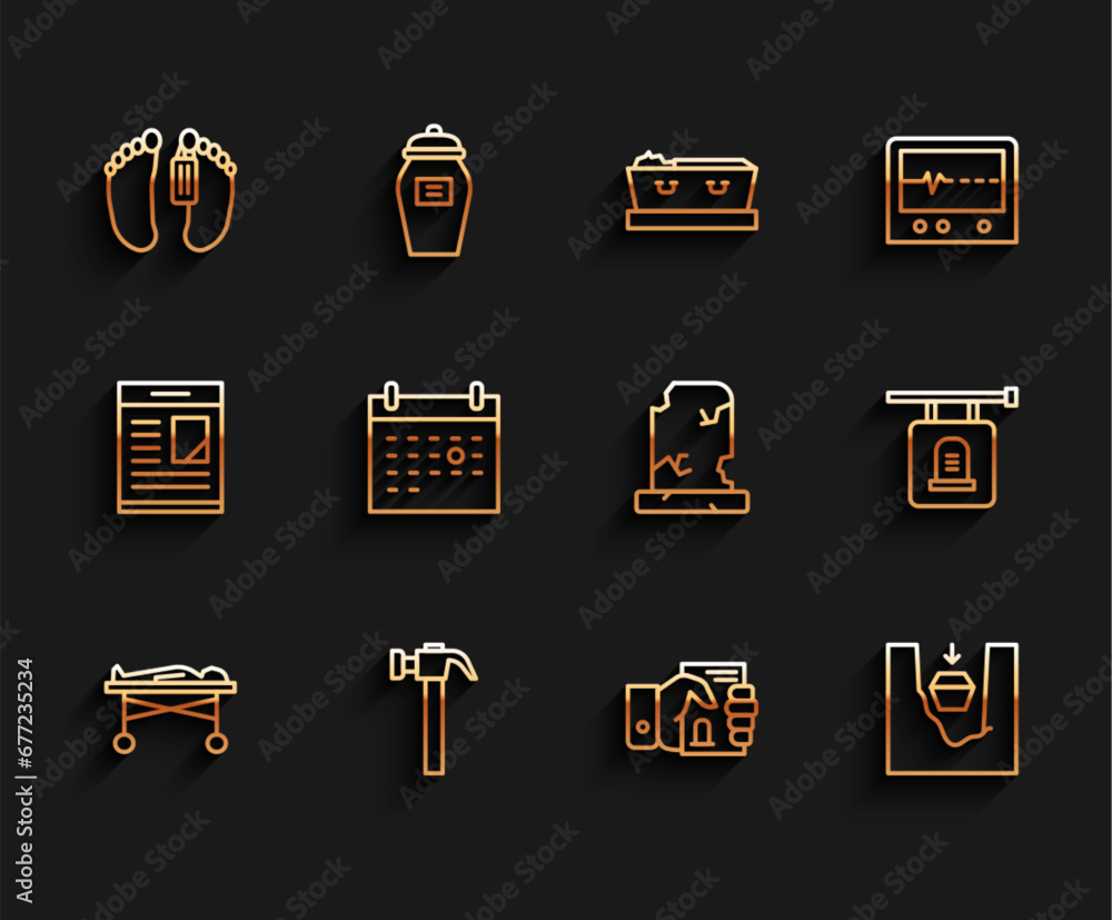 Wall mural Set line Dead body in the morgue, Hammer, Death certificate hand, Coffin grave, Calendar death, Signboard tombstone and Old with icon. Vector