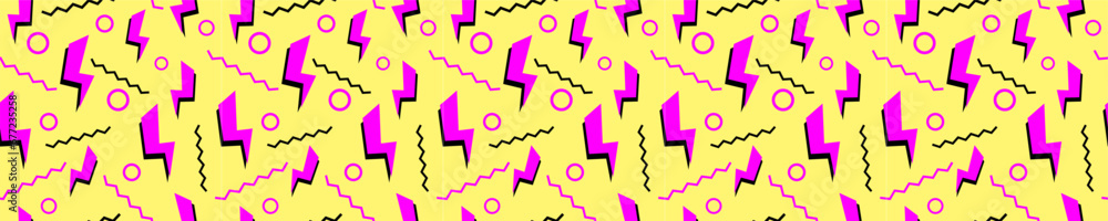 Poster purple lightning bolts on yellow surface seamless pattern. electrical abstract symbols with wavy lin