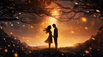 Romantic silhouette against glowing backdrop, couple in magical forest scene.