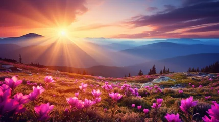 Deurstickers Beautiful fall scenery with pink blossoms in the mountains. Sunrise. © Nazia
