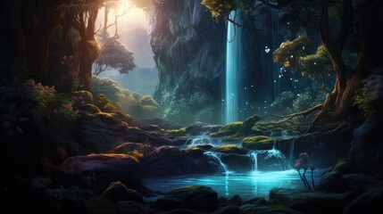 Fantasy forest backdrop with sunlit waterfalls, vibrant greenery in serene natural setting.