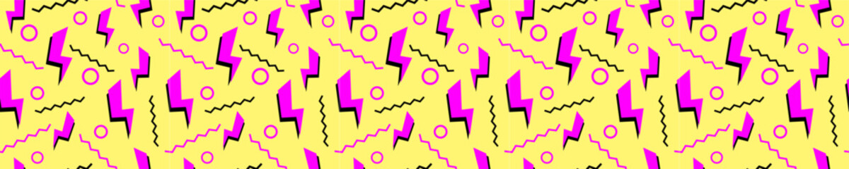 Purple lightning bolts on yellow surface seamless pattern. Electrical abstract symbols with wavy lines and circles for retro decoration and vector design