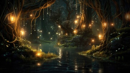 Enchanted forest scene with glowing lanterns and serene river at twilight. Fantasy landscapes.