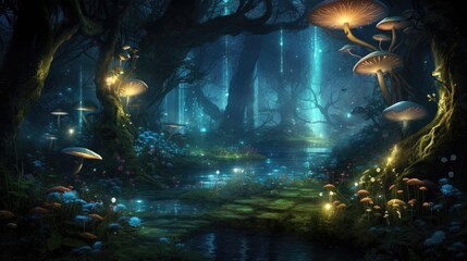 Fantasy forest with bioluminescent flora and serene river under starry sky