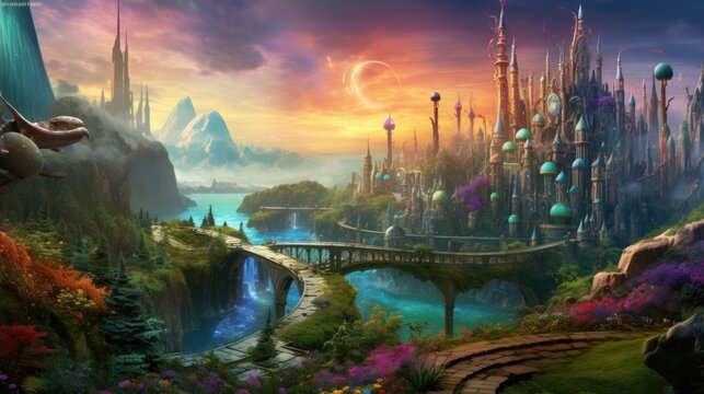 Enchanted city with intricate architecture and bridges, vibrant fantasy realm scenery.