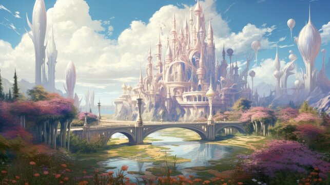 Fairy tale castle with floating structures and vibrant flora in daylight. © Postproduction
