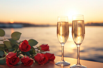 Two wine glasses and bouquet of flowers on cruise yacht. Concept of Valentine's Day and romantic date for couple - obrazy, fototapety, plakaty