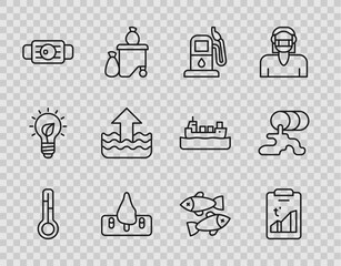 Set line Meteorology thermometer, Global warming, Petrol gas station, Deforestation, Medical protective mask, Rise water level, Dead fish and Barrel oil leak icon. Vector