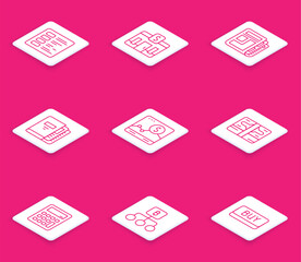 Set line Business finance report, Bank building, Stock market news, Office folders, Website with growth graph, Stacks paper money cash, Calculator and Blockchain technology Bitcoin icon. Vector