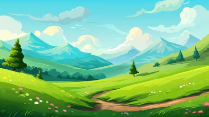 Poster Peaceful hills with green grass landscape illustration in cartoon style. Scenery background © Pixel Pine