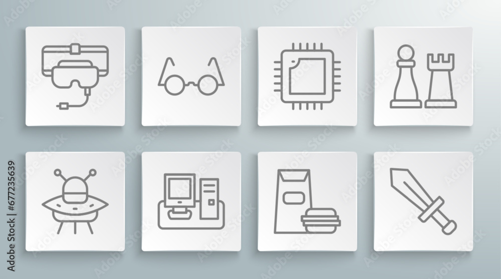 Poster set line ufo flying spaceship, eyeglasses, monitor with keyboard, burger, sword for game, processor 