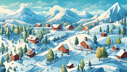 winter landscape with trees and mountains, Idyll country life. hills, blue sky, vector illustration	