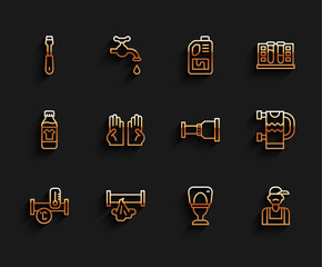 Set line Industry metallic pipe, Broken, Screwdriver, Toilet bowl, Plumber, Rubber gloves, Heated towel rail and Pipe adapter icon. Vector