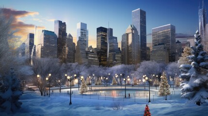Urban winter landscape with snow covered park and ice rink, City skyline in evening light, Urban architecture and nature.
