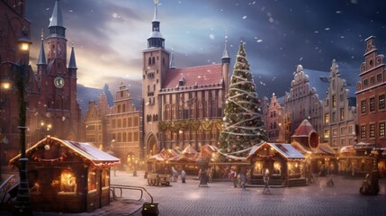 European town square lit up for Christmas with decorated tree and snow-covered stalls Traditional Christmas market.
