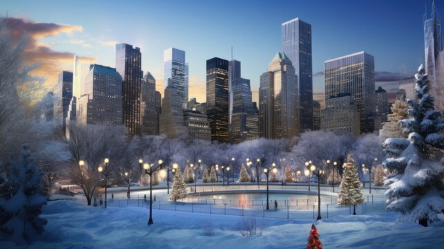 Urban winter landscape with snow covered park and ice rink, City skyline in evening light, Urban architecture and nature.