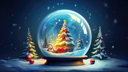 Festive decorated Christmas tree inside snow globe, glowing star atop, presents underneath. Holiday spirit and magic.