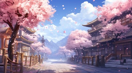 Blossoming cherry trees by traditional oriental buildings under clear sky. Traditional architecture concept.