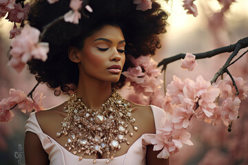 Fototapeta premium African woman wearing gold jewelry necklace earrings set fashion portrait, elegance and sensual looks under flower blossom tree shade with light flare and shadow, Generative Ai