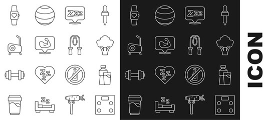 Set line Bathroom scales, Bottle of water with glass, Broccoli, Sleepy, Bodybuilder muscle, Stationary bicycle, Smart watch and Jump rope icon. Vector