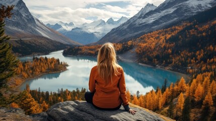 Traveler millennial girl in yellow beanie hat with backpack sitting on cliff edge with autumn forest and enjoying beautiful valley view. Adventure vacations - obrazy, fototapety, plakaty