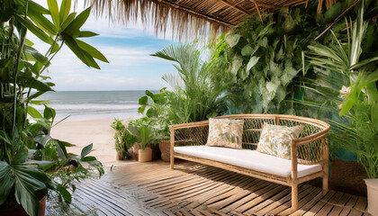 Tropical escape, Lush greens, bamboo furniture, and floral prints evoke a beachside paradise.