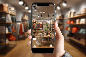 A hand holds a smartphone with an augmented reality (AR) app activated, displaying a virtual overlay of product information and navigation aids in a stylish clothing store - obrazy, fototapety, plakaty