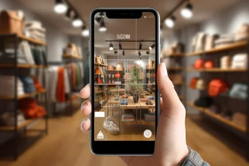 Fotobehang A hand holds a smartphone with an augmented reality (AR) app activated, displaying a virtual overlay of product information and navigation aids in a stylish clothing store © 18042011