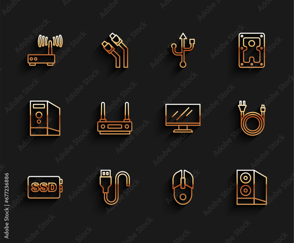 Poster set line ssd card, usb cable cord, router and wi-fi signal, computer mouse, case of computer, electr