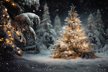 Falling snowflakes around bright illuminated snow covered Christmas tree creating winter fairytale