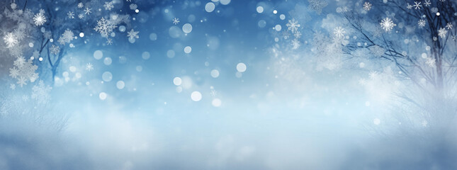 Christmas winter blurred background. Xmas tree with snow decorated with garland lights, holiday festive background. Widescreen backdrop. New year Winter art design, wide screen banner. Generative AI