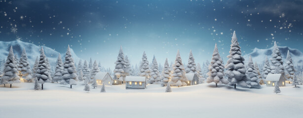 Christmas winter blurred background. Xmas tree with snow decorated with garland lights, holiday festive background. Widescreen backdrop. New year Winter art design, wide screen banner. Generative AI