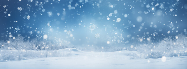 Christmas winter blurred background. Xmas tree with snow decorated with garland lights, holiday festive background. Widescreen backdrop. New year Winter art design, wide screen banner. Generative AI