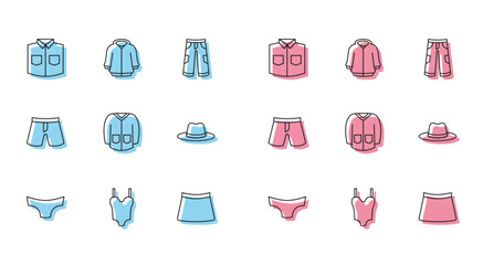 Set line Men underpants, Swimsuit, Shirt, Skirt, Sweater, Man hat, Short or and Hoodie icon. Vector