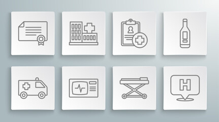 Set line Ambulance car, Hospital building, Monitor with cardiogram, Stretcher, Location hospital, Patient record, Digital thermometer and Certificate template icon. Vector